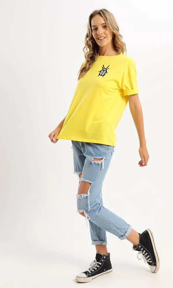 94977 Front Stitched Scarab Yellow Short Sleeves Tee