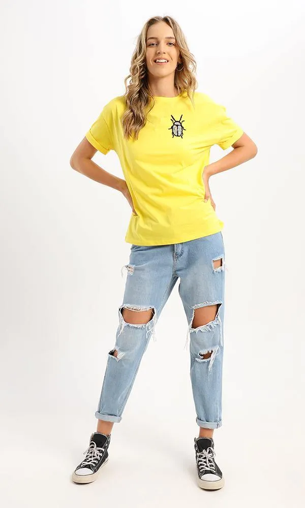 94977 Front Stitched Scarab Yellow Short Sleeves Tee