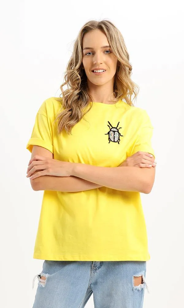 94977 Front Stitched Scarab Yellow Short Sleeves Tee