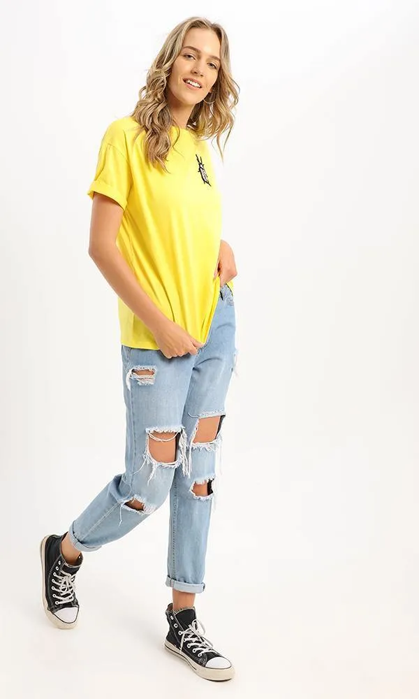 94977 Front Stitched Scarab Yellow Short Sleeves Tee