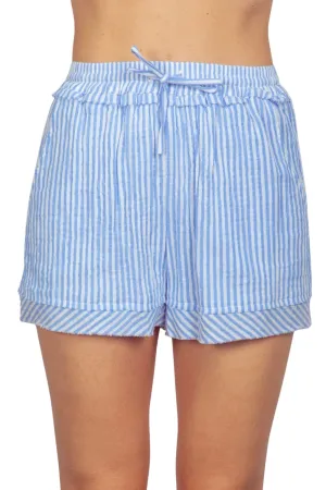 Beach Chic Gauze Stretch Drawstring Blue & White Stripe Shorts