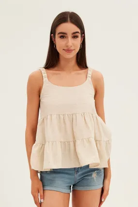 Beige Tiered Top Sleeveless Scoop Neck Linen Blend