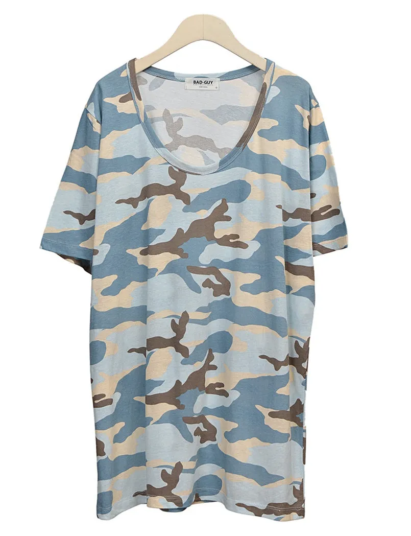 Blue Camouflage Short Sleeve Tshirts Mens Military Tees Scoop Neck Top