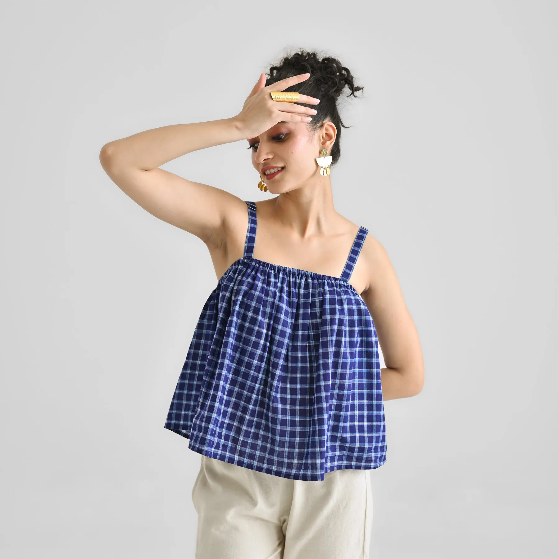 Blue Woven Cotton Crop Top with Adjustable Strap Detail