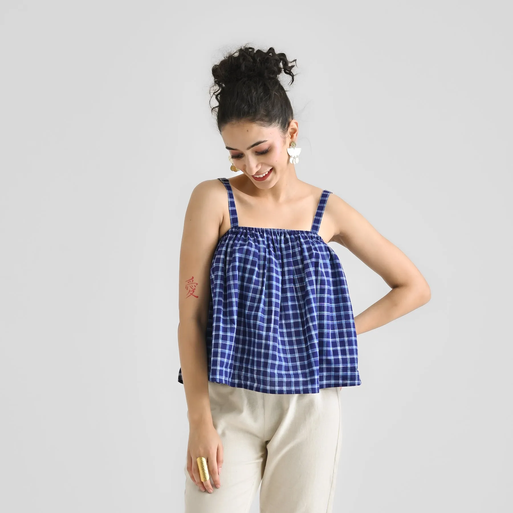 Blue Woven Cotton Crop Top with Adjustable Strap Detail