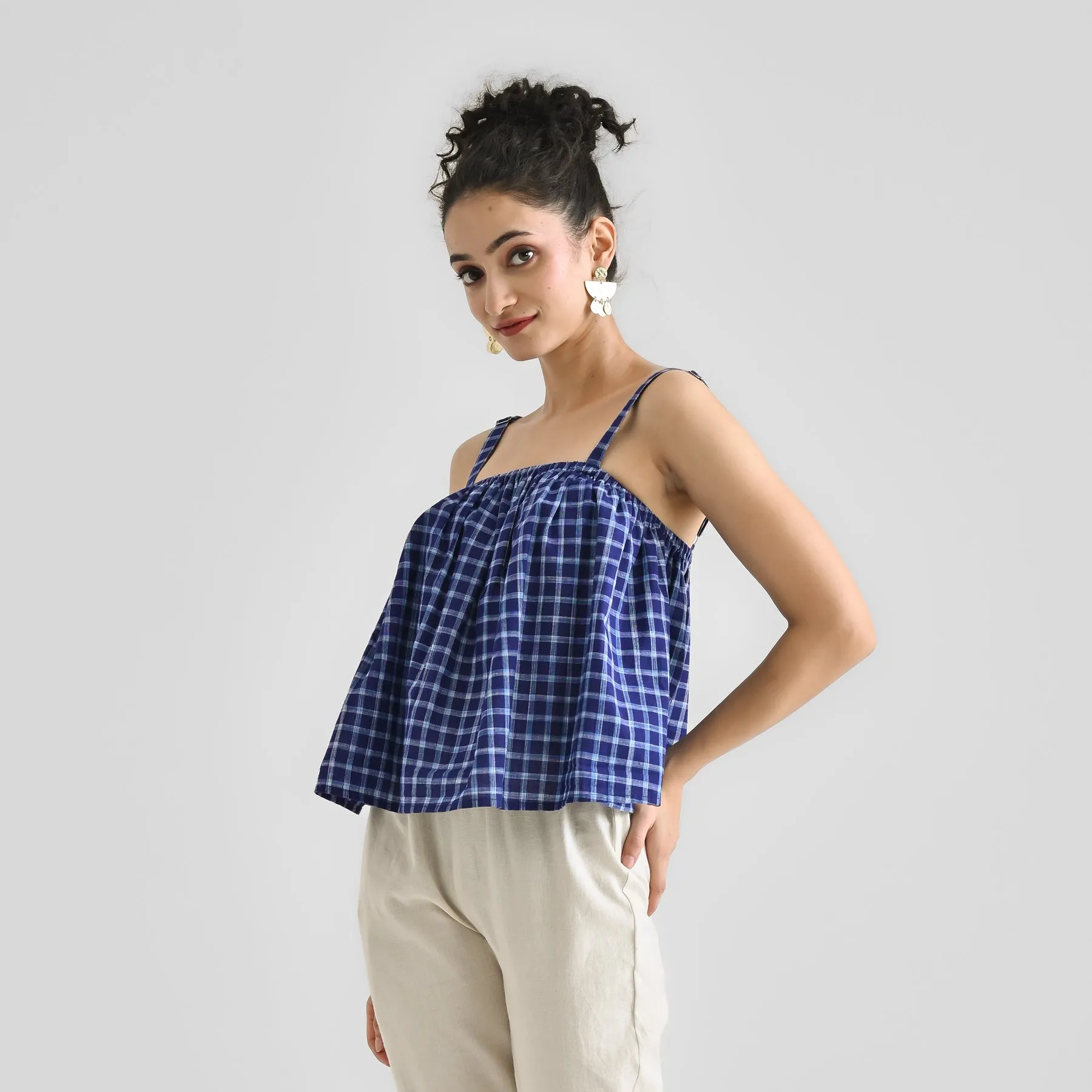 Blue Woven Cotton Crop Top with Adjustable Strap Detail