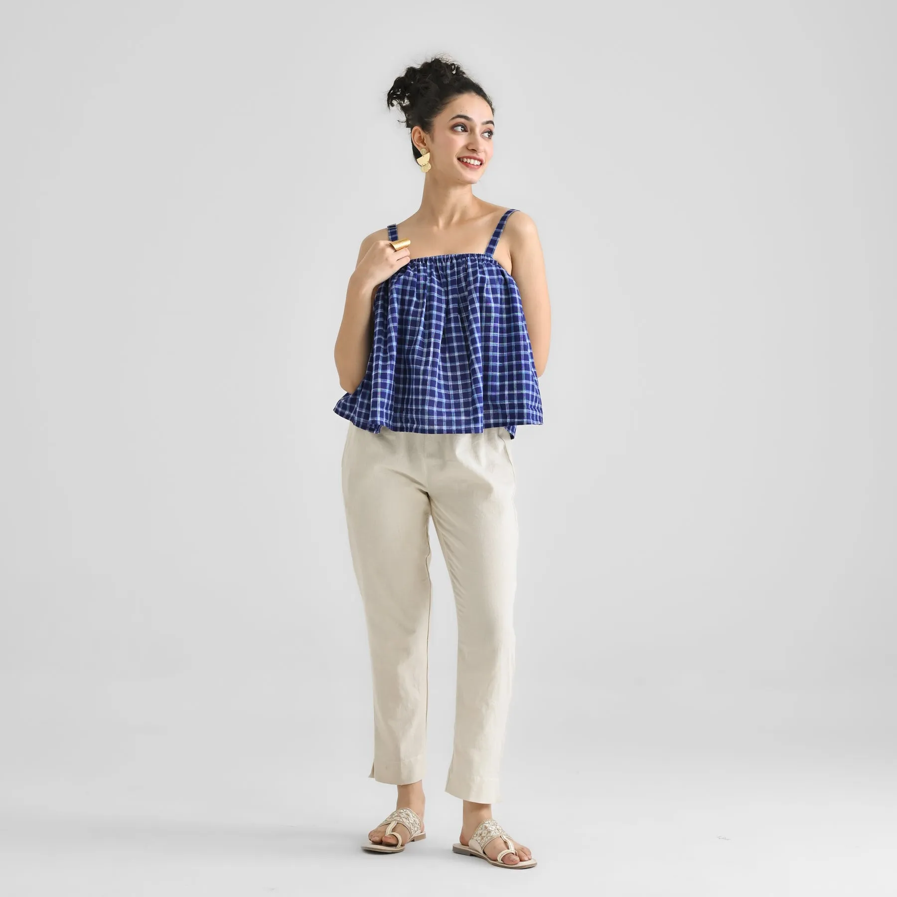 Blue Woven Cotton Crop Top with Adjustable Strap Detail