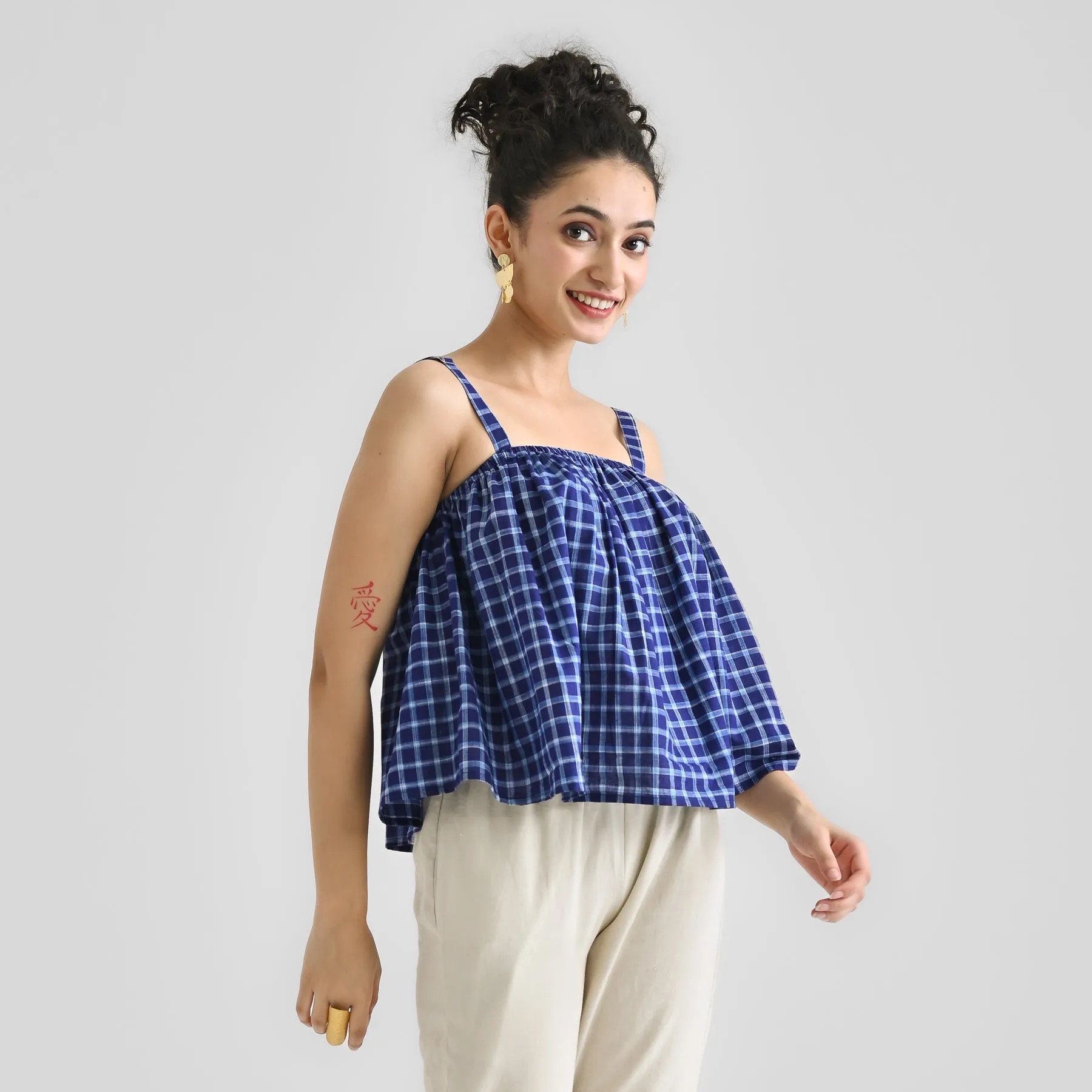 Blue Woven Cotton Crop Top with Adjustable Strap Detail