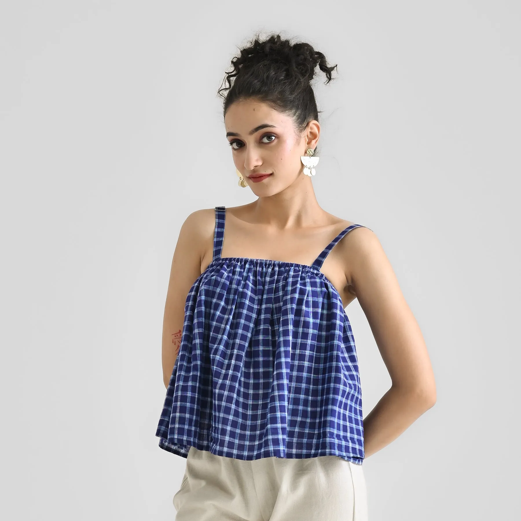 Blue Woven Cotton Crop Top with Adjustable Strap Detail