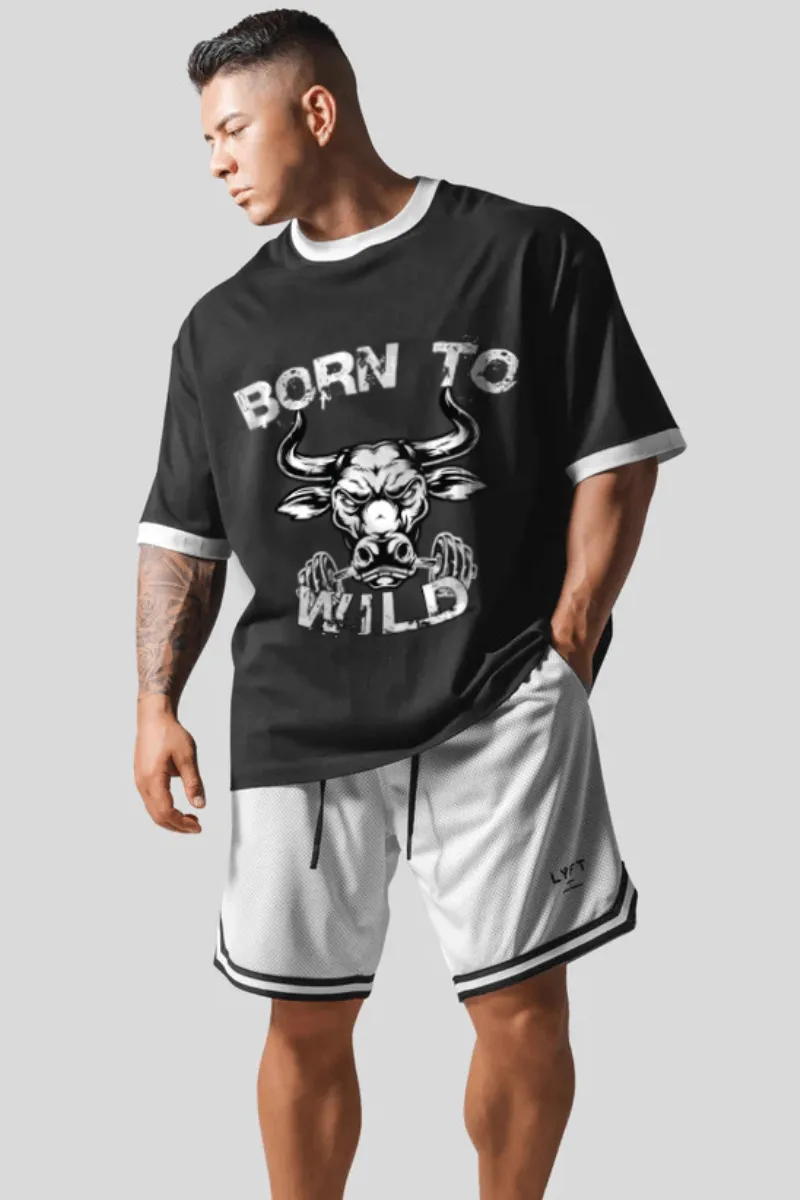 Born To Wild Oversized White Rib Collar T-shirt (Black)