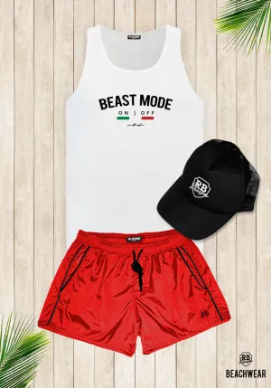 Bundle 3 - Red Beach Shorts   Black Hat White Logo   Tank Top MD930