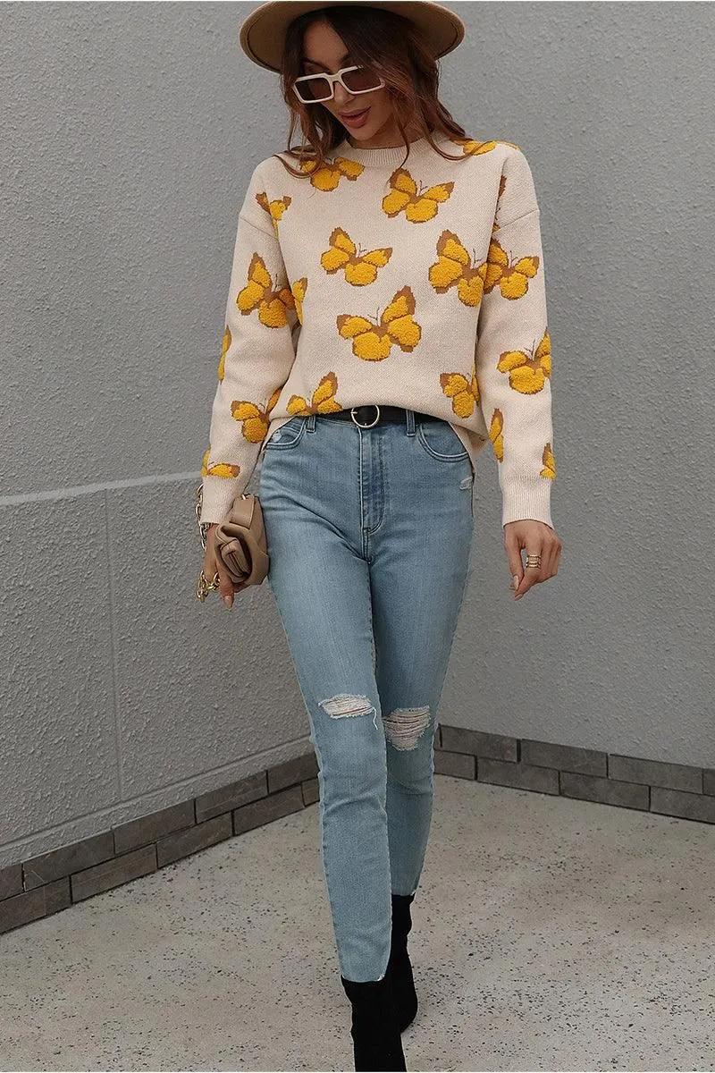 BUTTERFLY PRINTING LONG SLEEVE CASUAL SWEATER