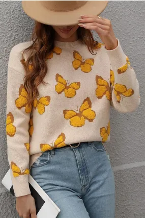 BUTTERFLY PRINTING LONG SLEEVE CASUAL SWEATER