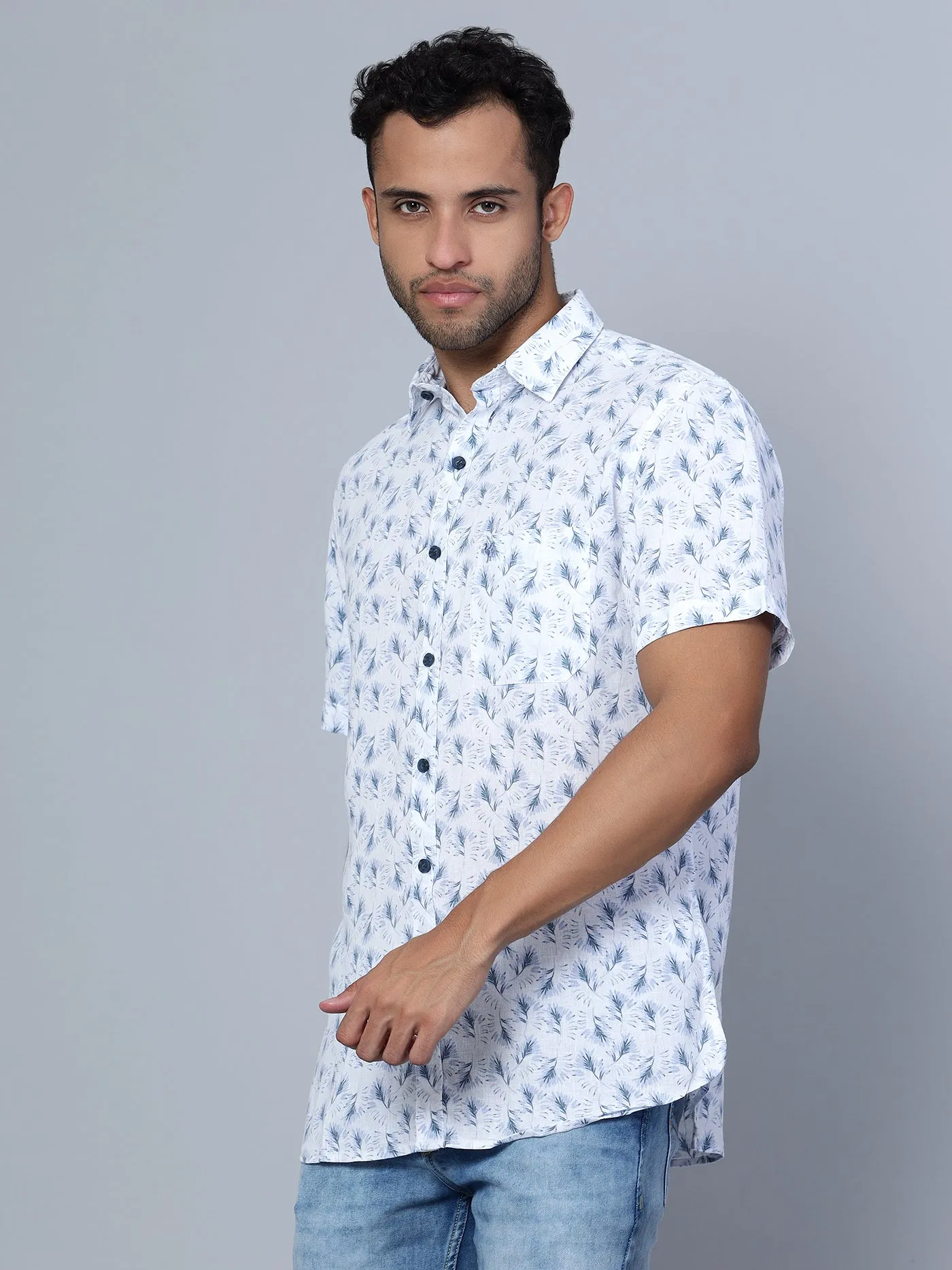 Cantabil Cotton Blend Printed Sky Blue Half Sleeve Casual Shirt for Men with Pocket