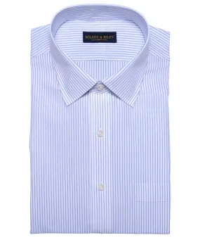 Classic Fit White Ground Blue Stripe Spread Collar Supima® Cotton Non-Iron Broadcloth (B/T)