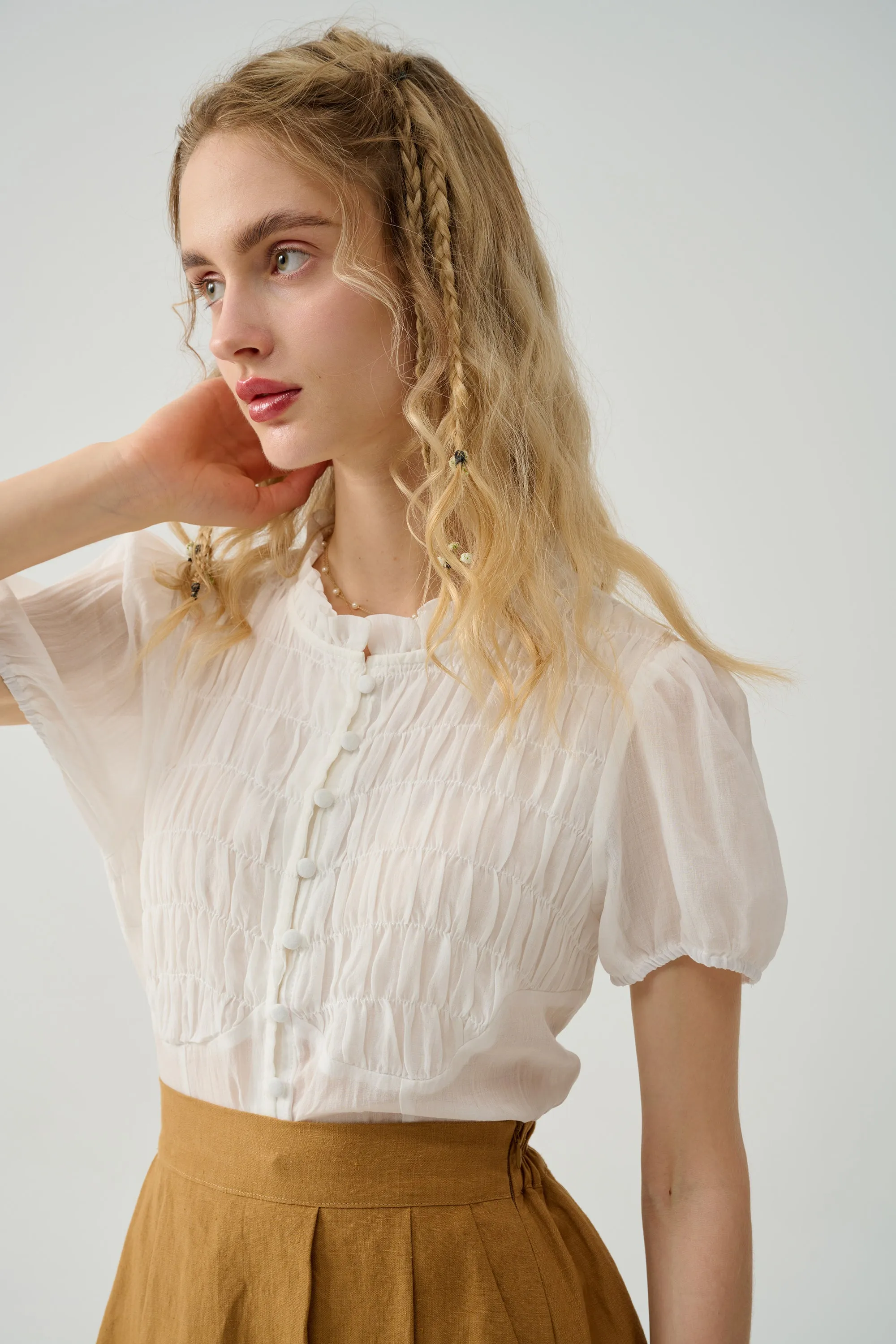 Clove 9 Elegant Smocked Linen Blouse for a Chic Look