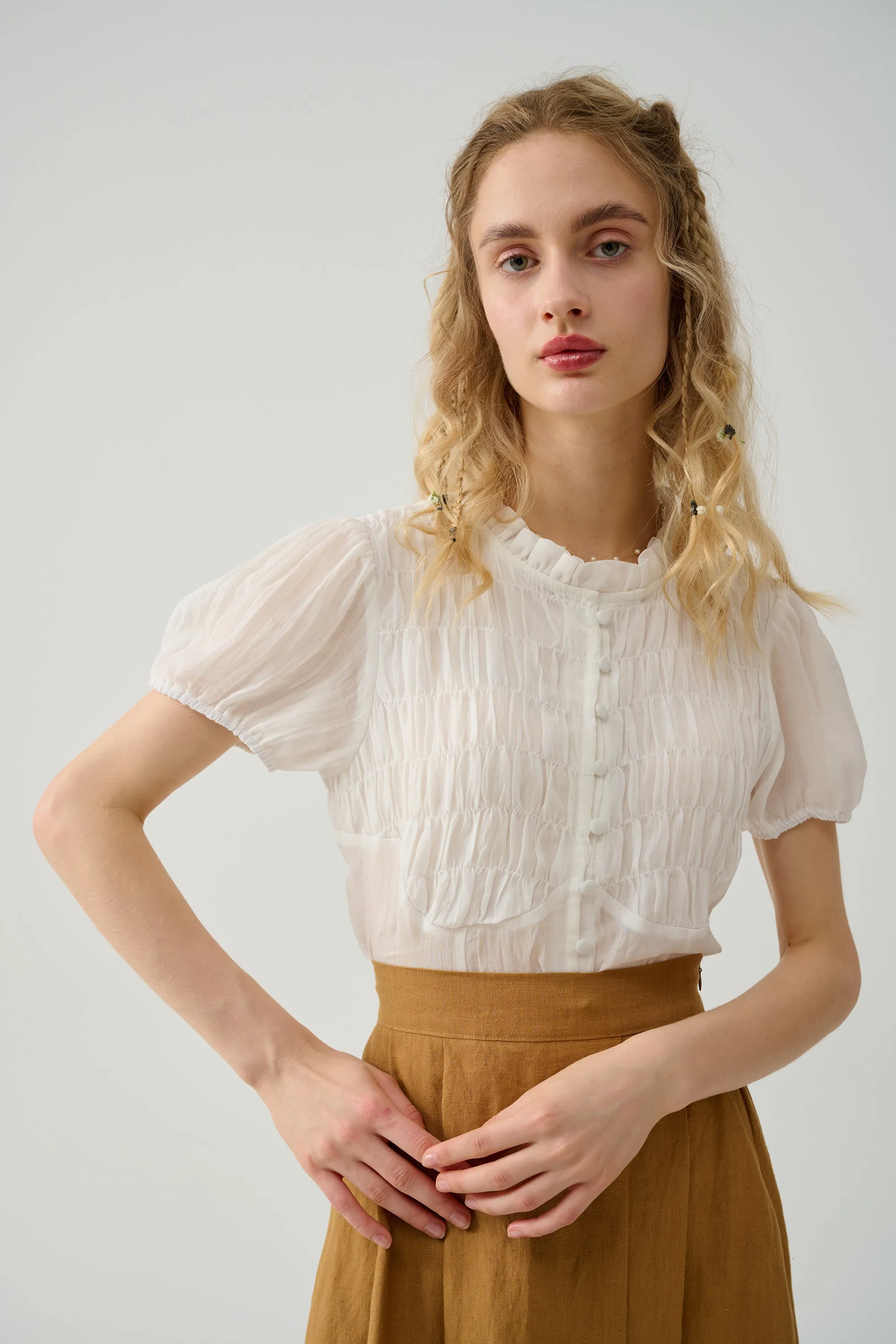 Clove 9 Elegant Smocked Linen Blouse for a Chic Look