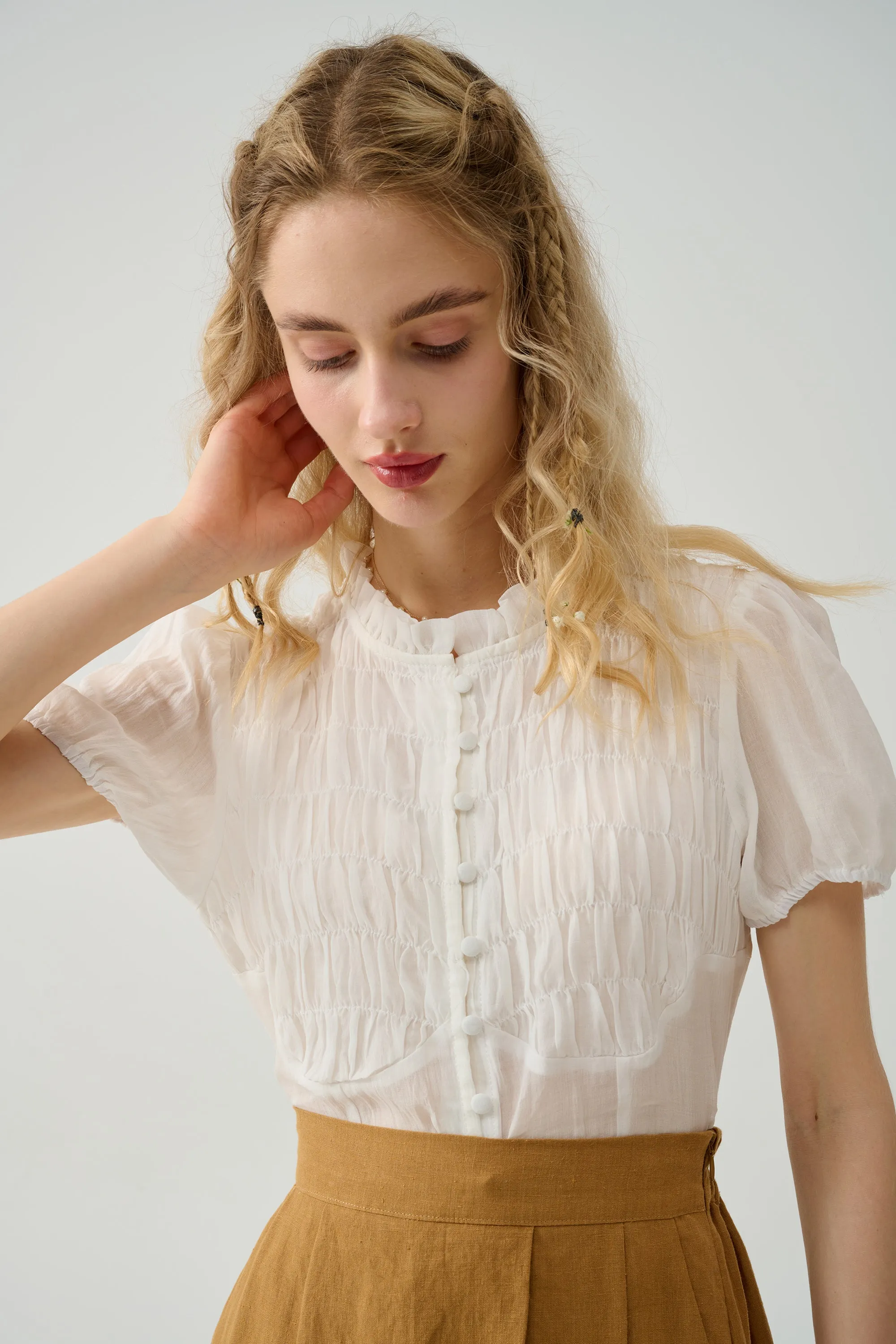 Clove 9 Elegant Smocked Linen Blouse for a Chic Look