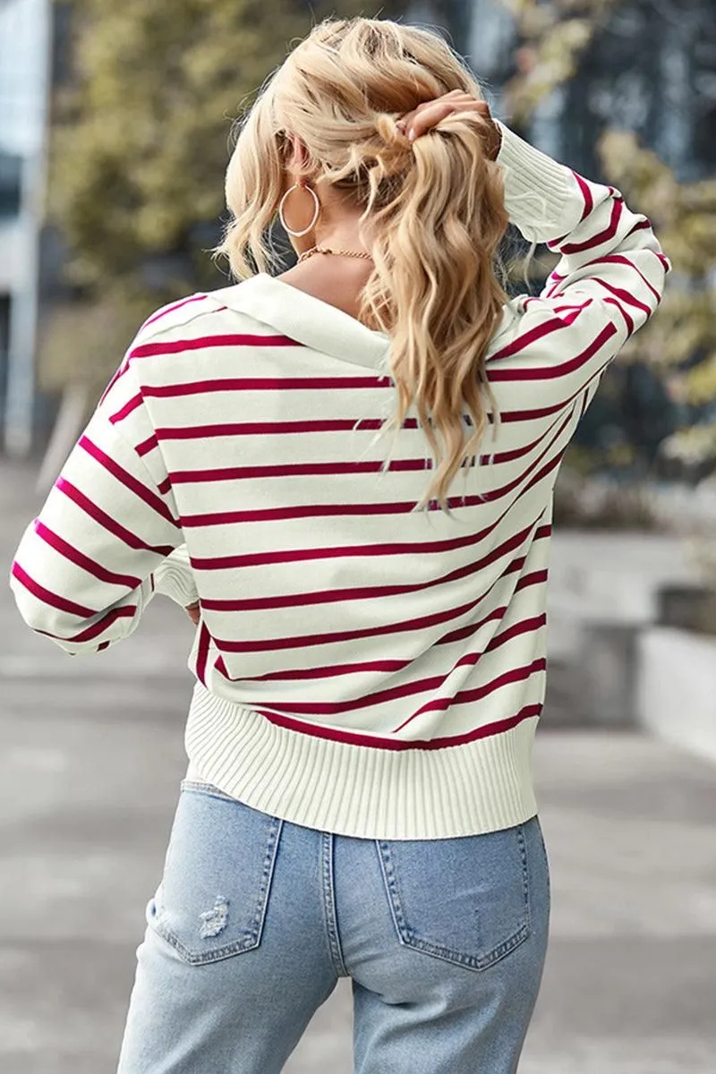 COLOR STRIPE CASUAL COLLAR TOP