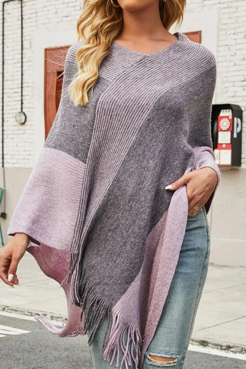 CONTRAST COLOR CLOAK SHAWL SWEATER COAT