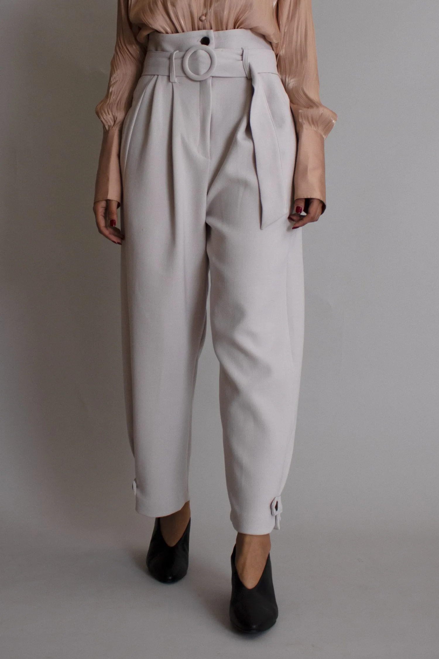 Cream High Waist Belted Pants with Button Cuff