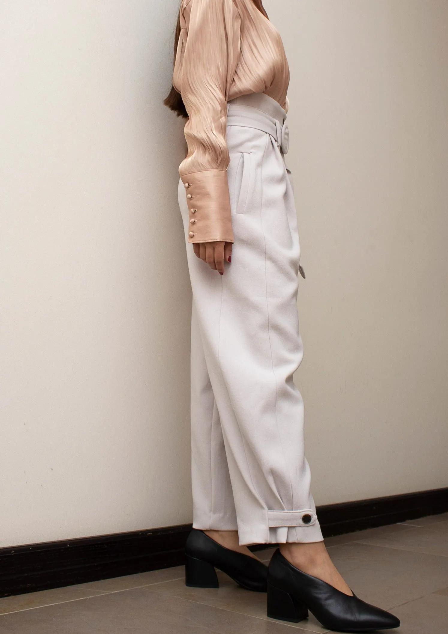 Cream High Waist Belted Pants with Button Cuff