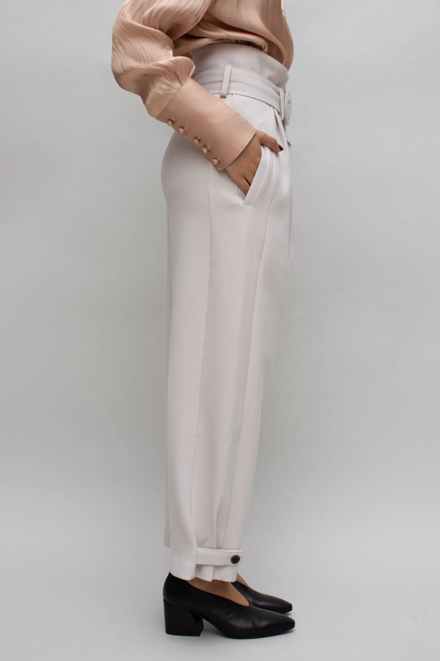 Cream High Waist Belted Pants with Button Cuff