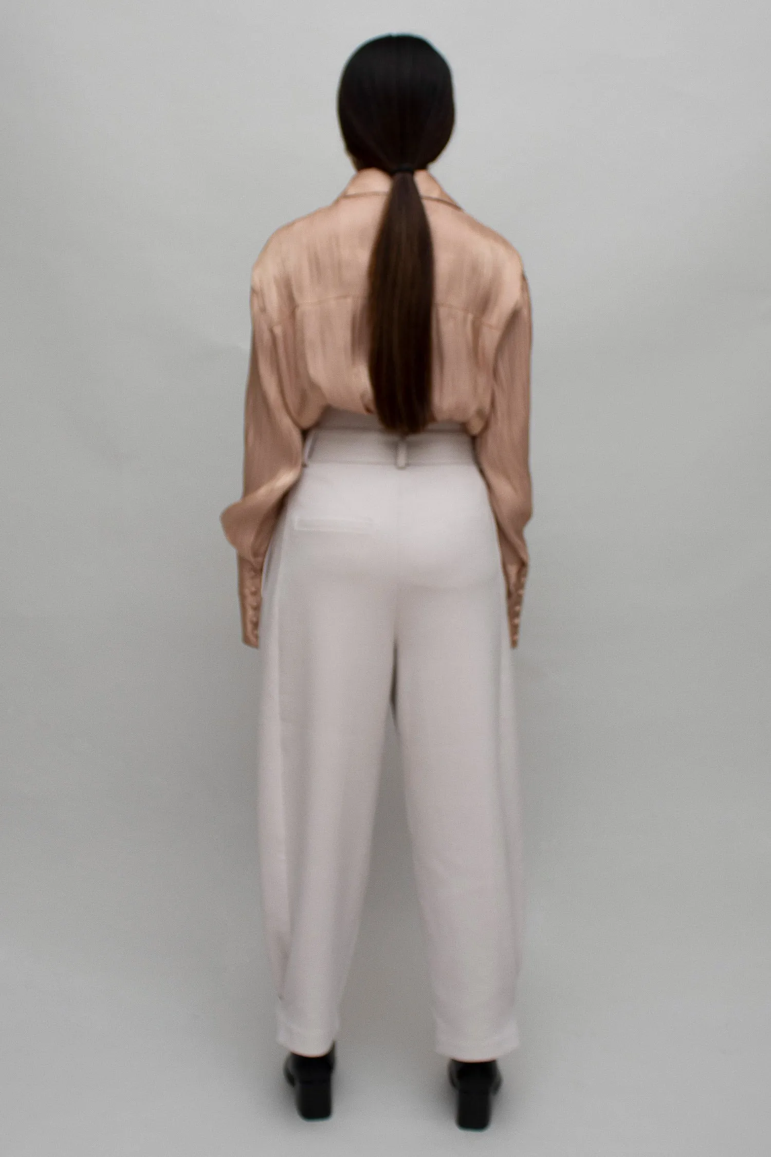 Cream High Waist Belted Pants with Button Cuff