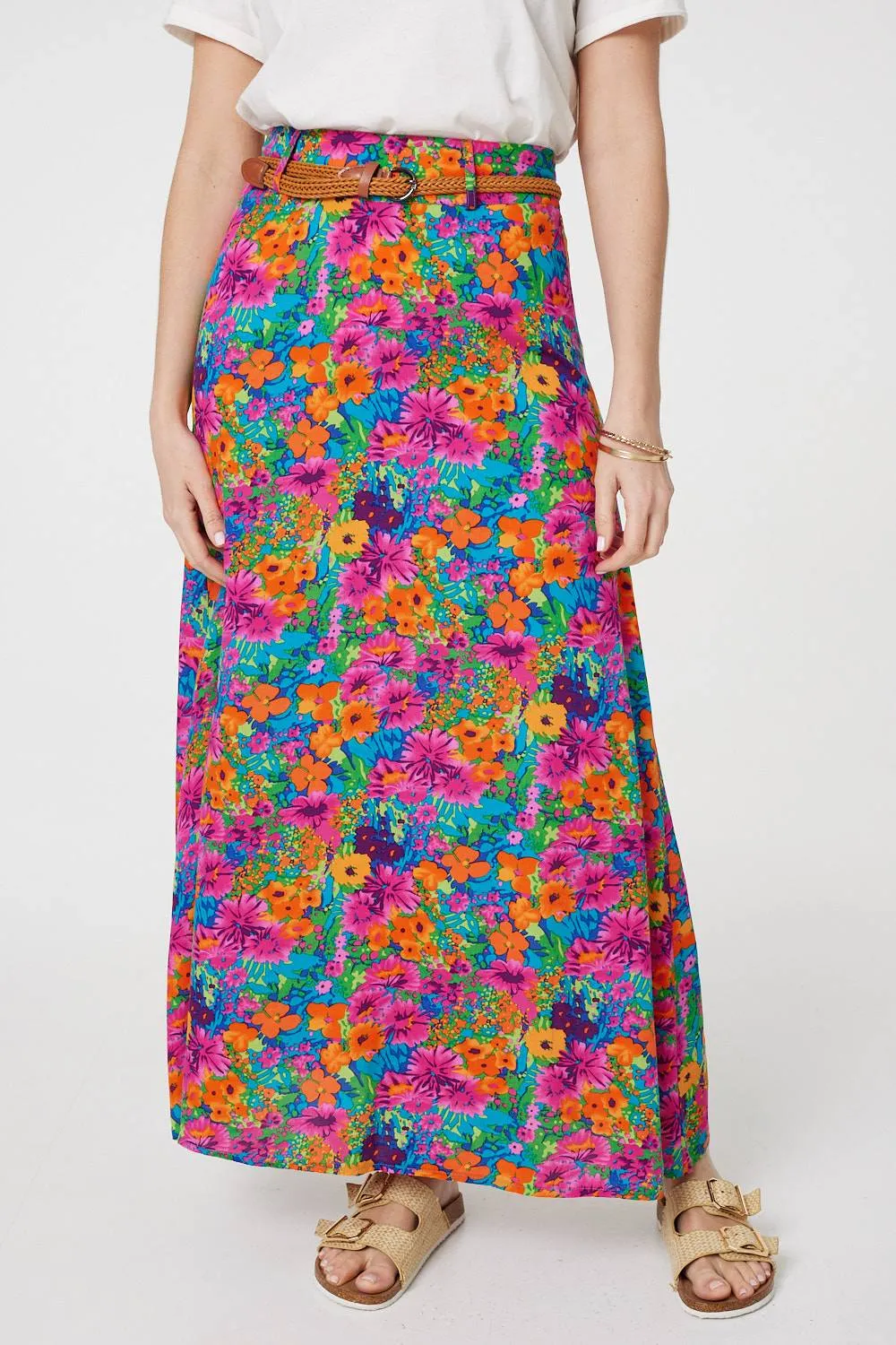 Floral Print Belted A-Line Maxi Skirt