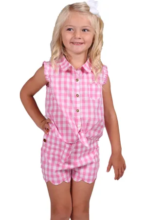 Girls Pink Gingham Scallop Shorts