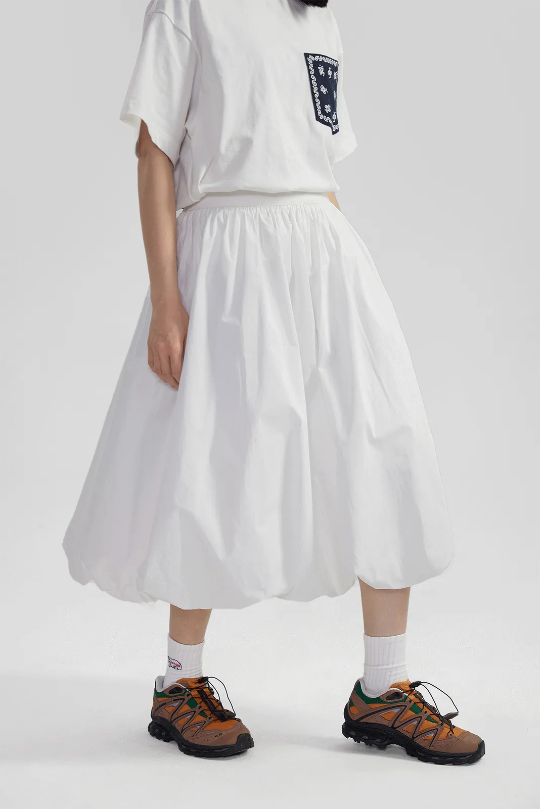 High-Waisted Pleated Balloon Midi Skirt