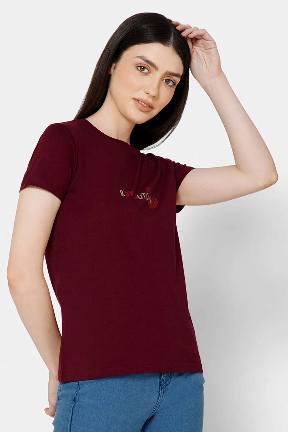 Jusperf Women's Printed Crew Neck Casual T-Shirt - Maroon - TS33