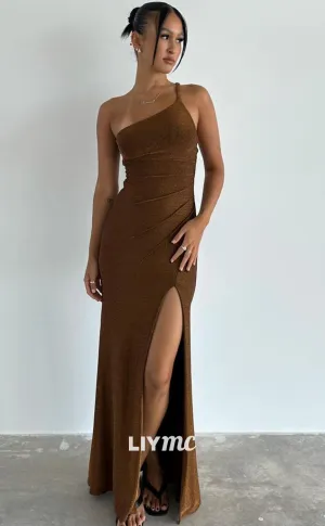 LP1400 - Asymmetrical Sleeveless Sleek Satin Pleated Side Slit Sexy Prom Dress