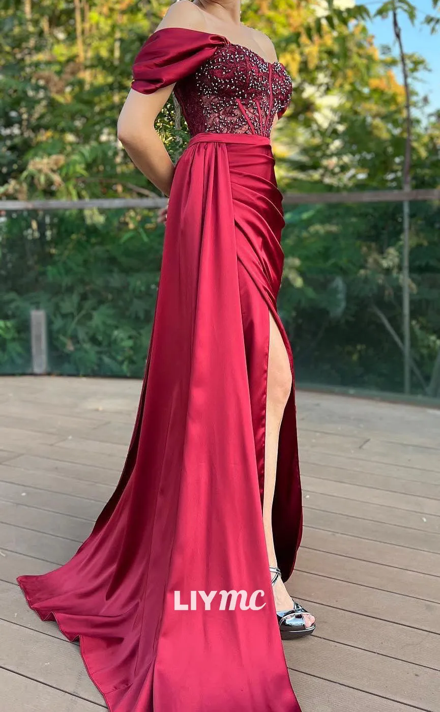 LP2175 - Off-Shoulder Strapless Appliques Pleated Satin High Slit Prom Dress