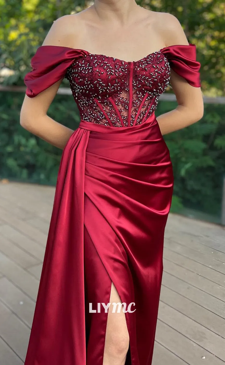 LP2175 - Off-Shoulder Strapless Appliques Pleated Satin High Slit Prom Dress