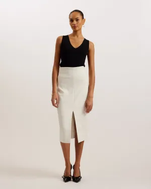 Manabus Tailored Midi Pencil Skirt With Front Split White