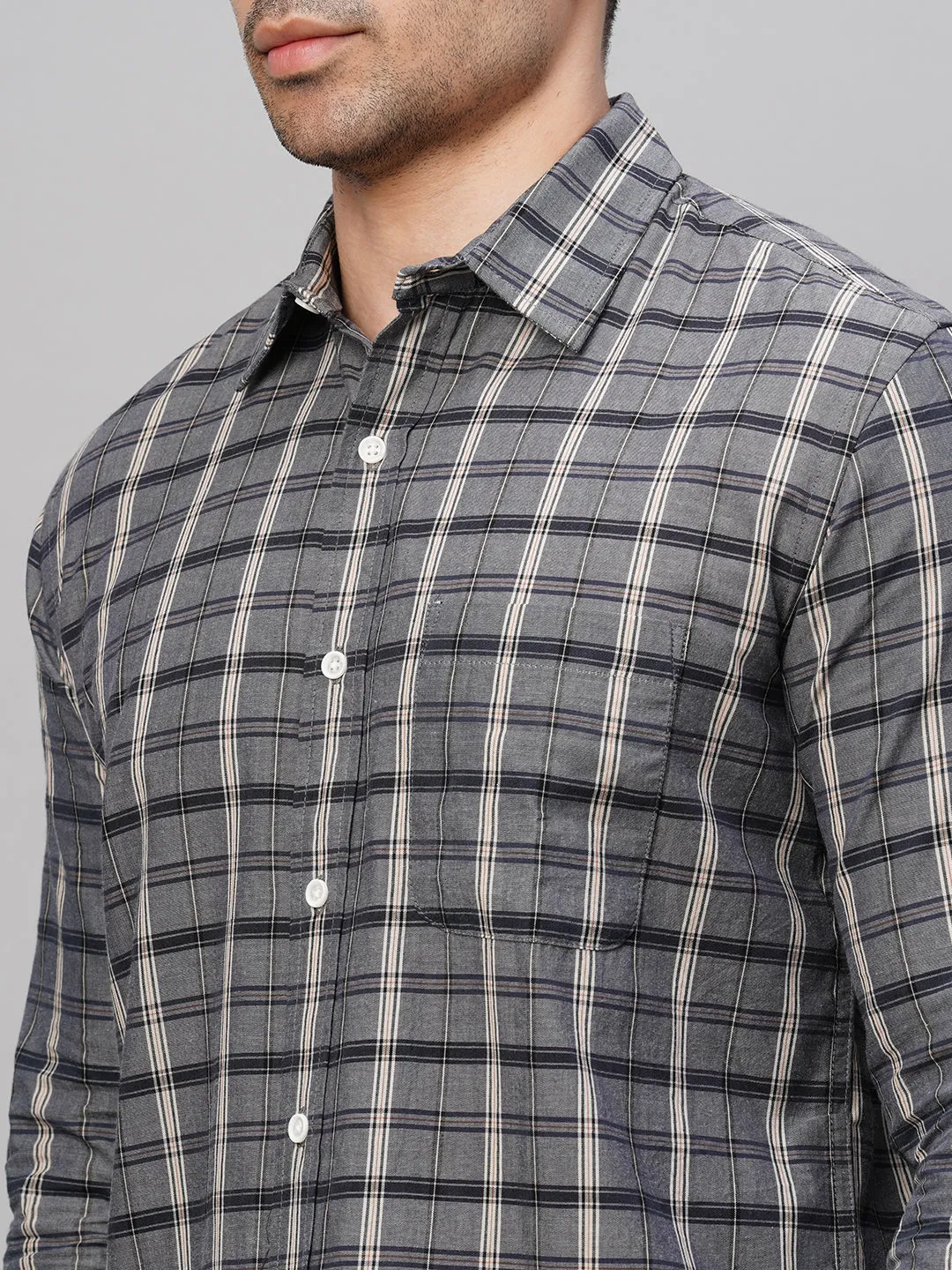 Men's Grey Cotton Regular Fit Checked Shirt