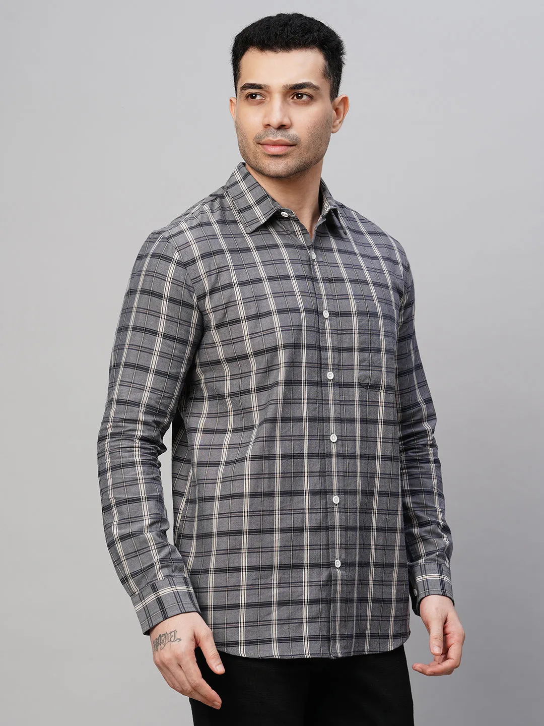 Men's Grey Cotton Regular Fit Checked Shirt