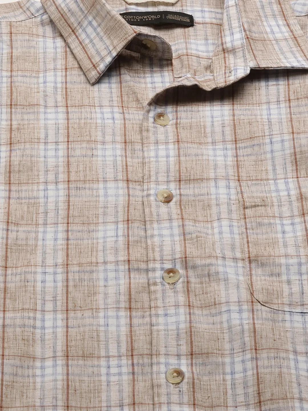 Men's Khaki Cotton Lyocell Regular Fit Checked Shirt