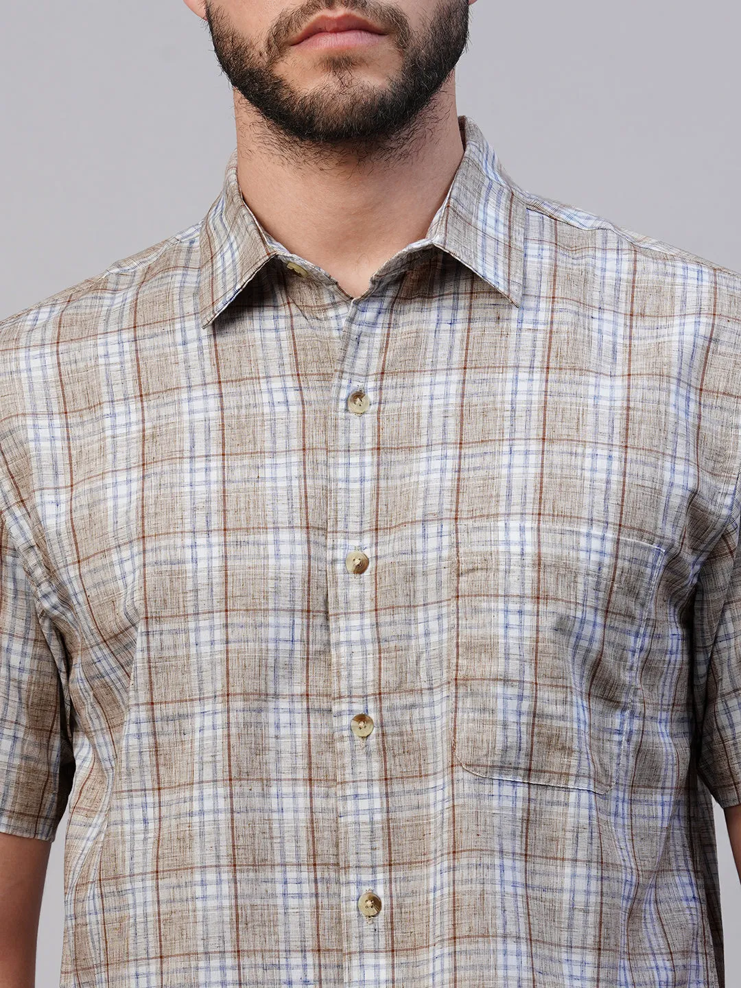 Men's Khaki Cotton Lyocell Regular Fit Checked Shirt