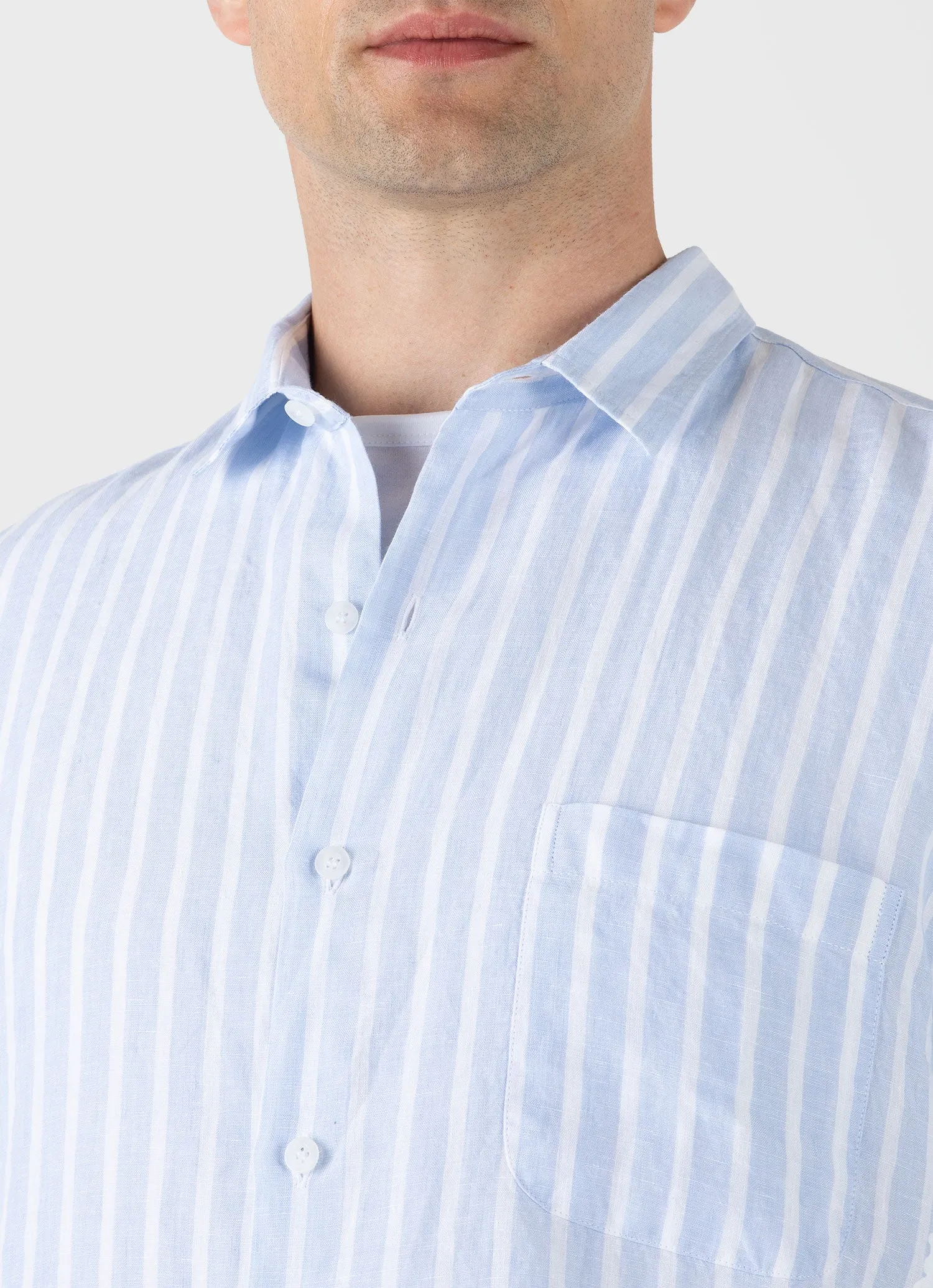 Men's Short Sleeve Linen Shirt in Light Blue/White