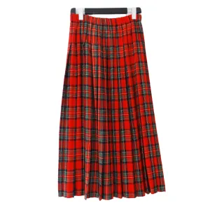 Red Tartan Plaid Pleated Maxi Skirt, Gold Metallic Thread. Size S.