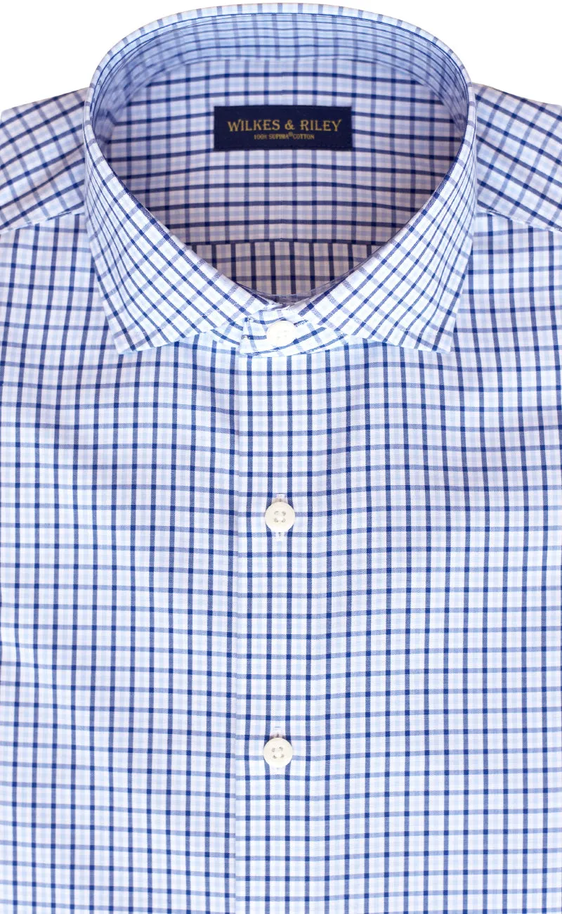 Tailored Fit Sky / Navy Tattersall check English Spread Collar Supima® Non-Iron Cotton Broadcloth Sport Shirt