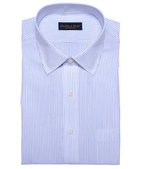 Tailored Fit White Ground Blue Stripe Spread Collar  Supima® Cotton Non-Iron Broadcloth