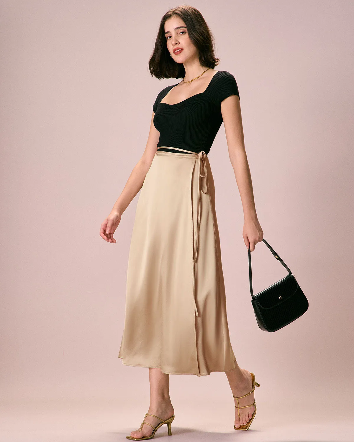 The Khaki Satin Lace-Up Wrap Midi Skirt