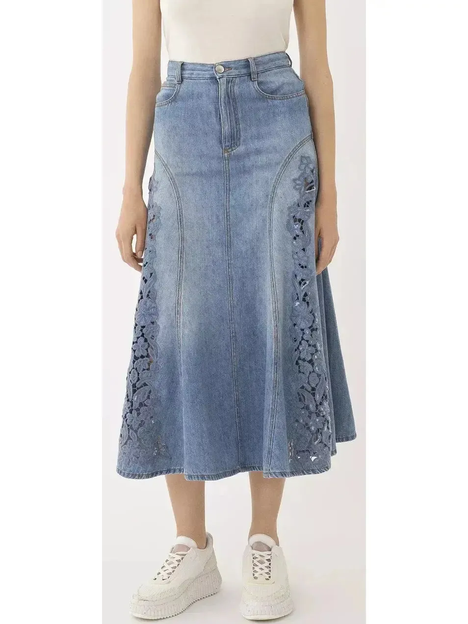 Women’s Denim Flared Vintage-Wash Laser-Cut Midi Skirt