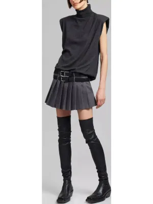 Women’s Double-Buckled Belted Pleated Gray Mini Skirt