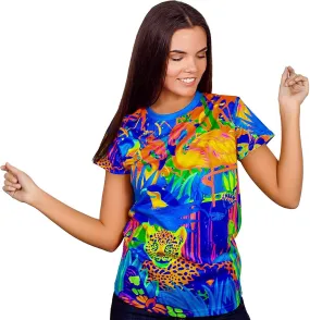 Womens Neon T Shirt Glow in UV Fluorescent Lion Jungle